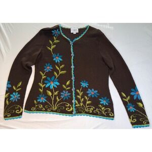 Hand Made Peru Alpaca Imports Alpaca Wool Blend Floral Cardigan  Women's L Boho